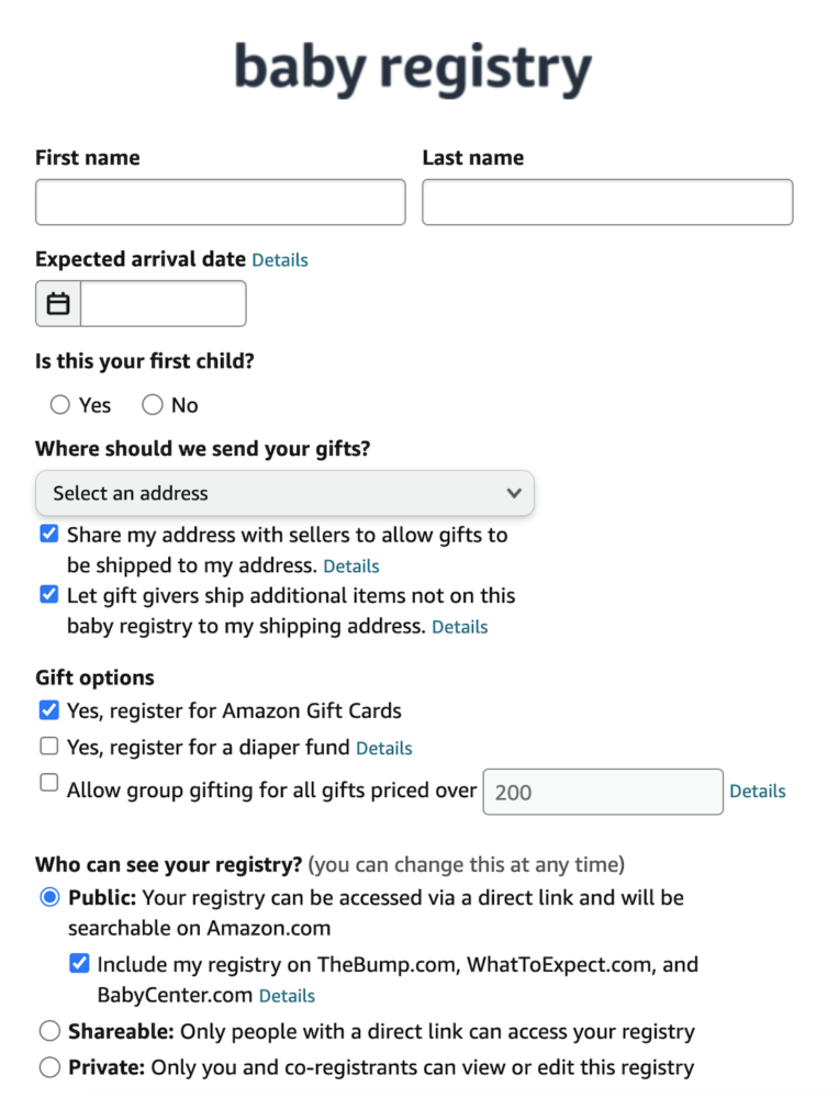 Amazon baby registry configuration form
