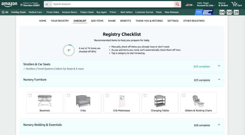 Amazon registry checklist with percentage complete graph