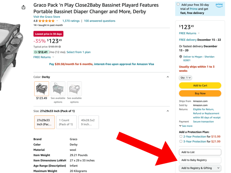 Amazon product page with new Add to Baby Registry button