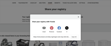Share options for Amazon baby registry: including pinterest, facebook and email.