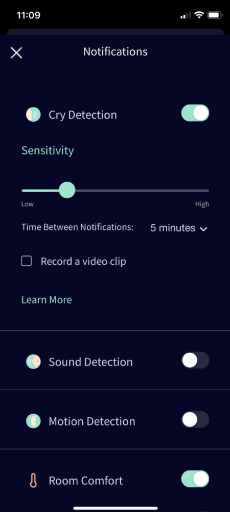 Owlet Dream Duo app screenshot configuring sensitivity for monitoring and Recording a video clip