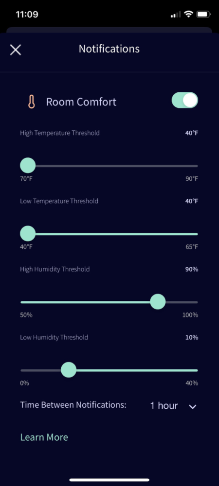 Owlet Dream App screenshot of temperature and humidity adjustable thresholds for notifications